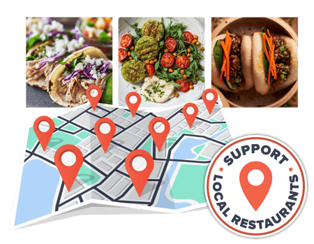 3 images with delicious food, a map with location pins, and a Support Local Restaurants badge