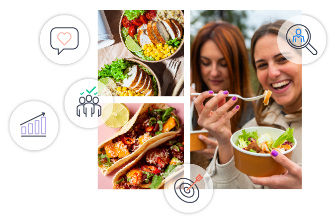 Happy students eating, mediterranean bowls, tacos, icons showing growth, recruiting, happiness