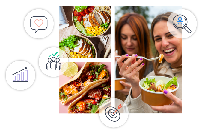 Happy students eating, mediterranean bowls, tacos, icons showing growth, recruiting, happiness